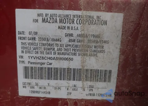 2010 Mazda Mazda6 I Touring Plus z USA, uszkodzony, nr VIN 1YVHZ8CH0A5M00650